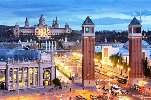 vista aérea sobre placa espanya y montjuic